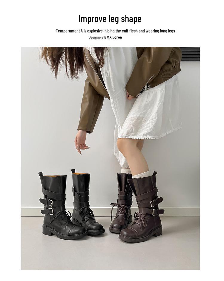 2025 Autumn/Winter Women's Retro British Mid-Calf Lace-Up Belt Buckle Martin Boots - Thick Sole, Height Increasing Western Style