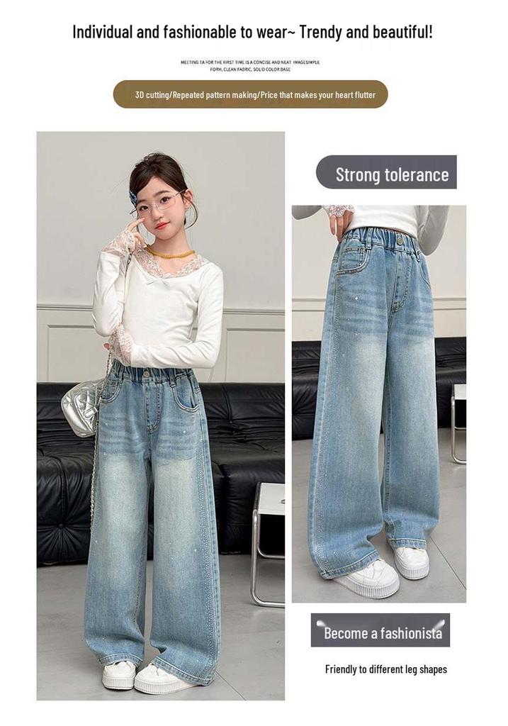 Girls' Autumn 2026 Wide Leg Rhinestone Jeans - Children's Straight Leg Trousers for Middle and Older Girls.