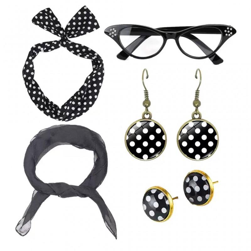 Festival Party Cosplay Set 1950s Retro Polka Dot Earrings Headband Glasses Costume
