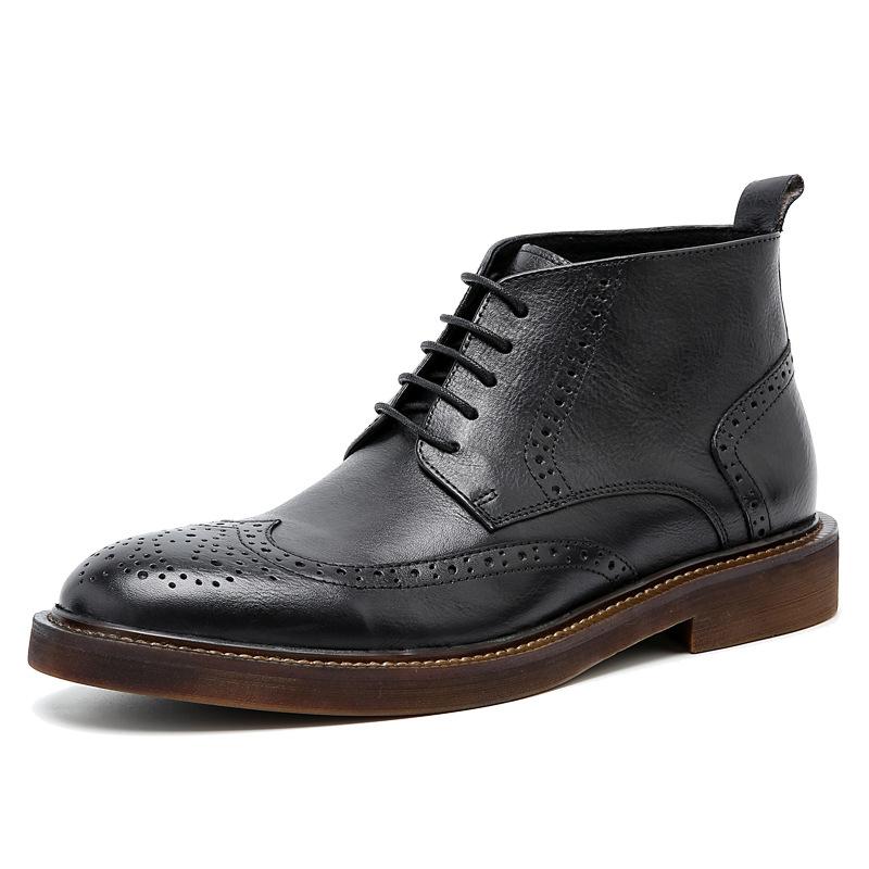 Fashion Men's Autumn Winter Plus Velvet Warm Carved Brogue Leather Shoes Street Cowhide Lace-Up Boots Male British Retro Tooling Boots