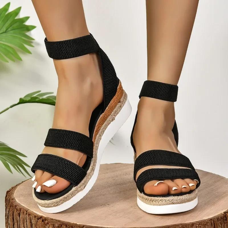 2024 Women's Shoes Elastic Strap Women's Sandals Summer Roman Open Toe Solid Color Outdoor Casual Beach Wedge Large Size Sandals