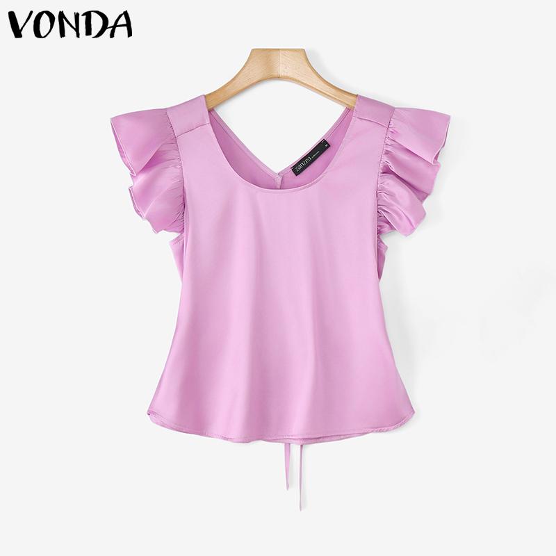 ZANZEA Women Square Collar Ruffled Short Sleeve Satin Casual Blouse