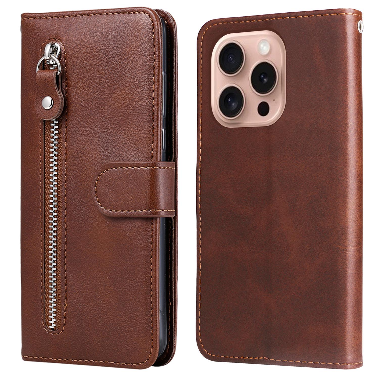 

For iPhone 16 Pro Case Zipper Pocket Wallet Shockproof PU Leather Phone Cover Brown