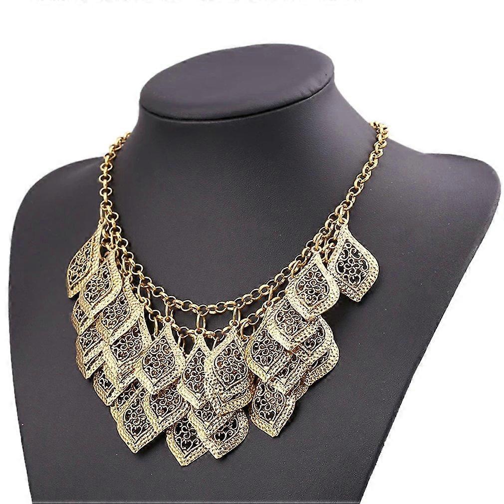 Vintage Gorgeous Multilayer Gold Plated Leaves Chain Collar Bib Chunky Necklace