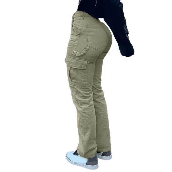 Women Cargo Pants Multi Pockets High Waist Solid Color Soft Butt-lifted Breathable Button