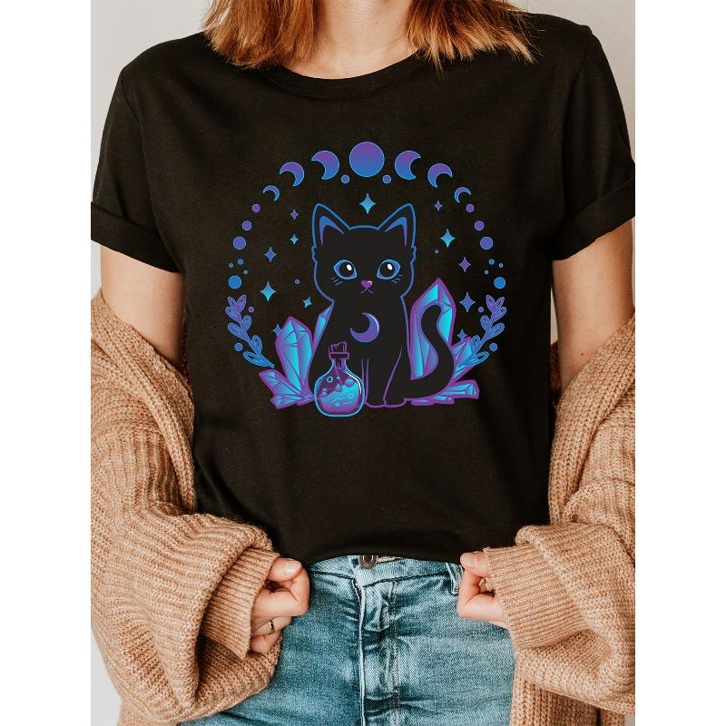 Women's Kawaii Goth Witchy Black Cat T-Shirt - Crystal Alchemy Goth Subculture Top, Short Sleeve Crew Neck Casual Summer Spring Outfit,