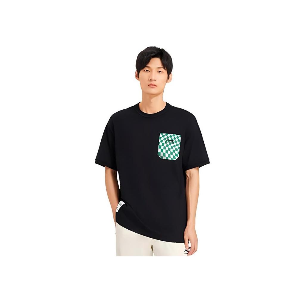 Li Ning X Rooovie Artist Collaboration Color Block Checkerboard Pocket Print Loose Fit Round Neck Short Sleeve T-Shirt Unisex Tops Black AHSSB57-3