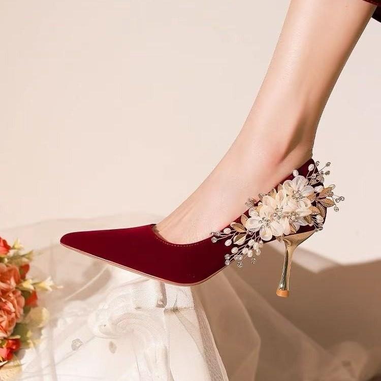 Fashion French-style Water Diamond High Heels for Women, 2025 New Floral Champagne Color, Non-tiring Wedding Shoes