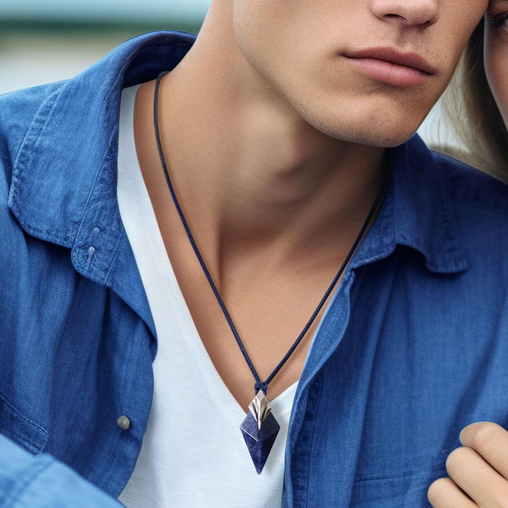 AWNL Sodalite Poseidon Trident Necklace for Natural Stone Premium Sterling Silver Pendant Necklace with Wax Gift for Him Men, Rope,