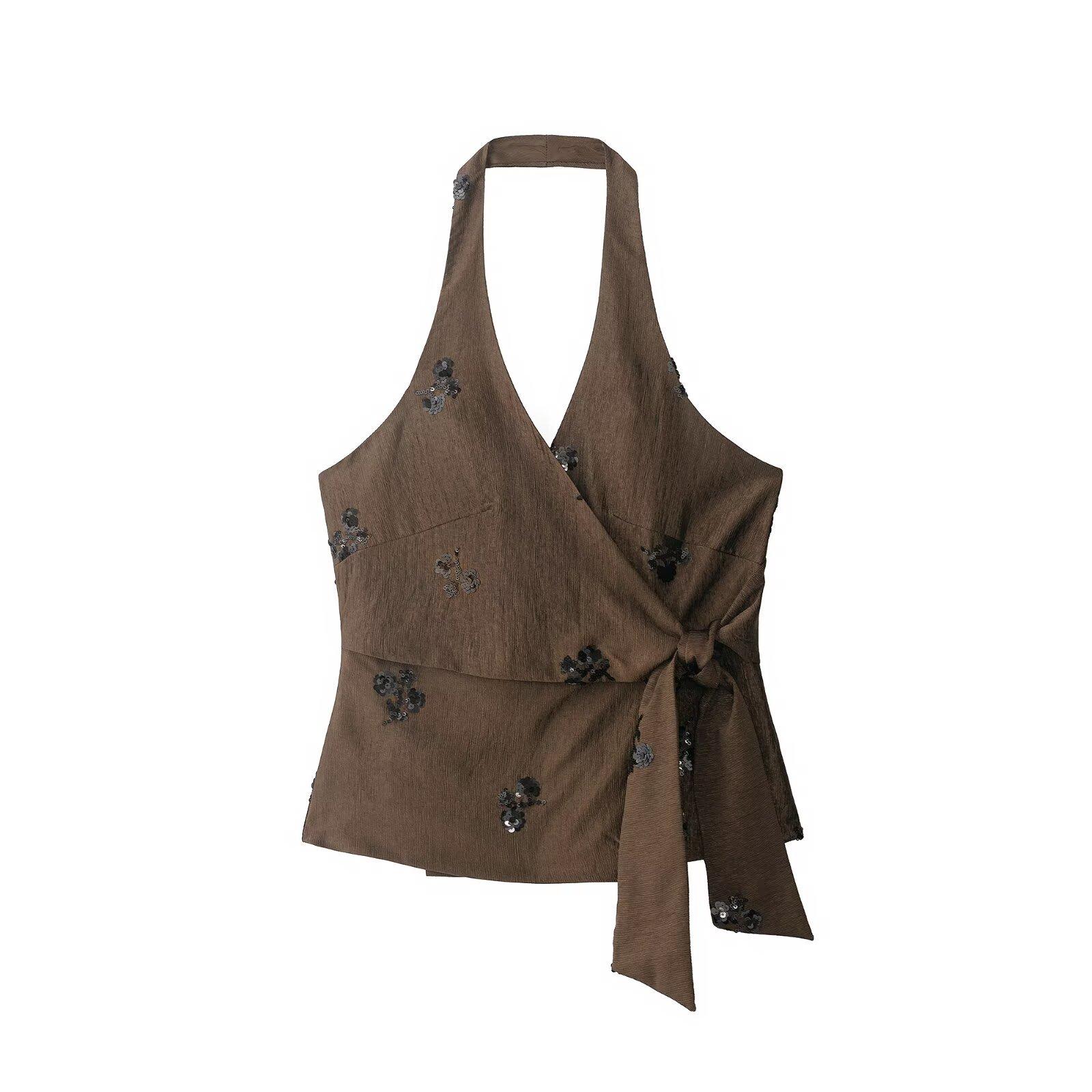 European and American style, new women s clothing, foreign style beaded neck collar top beaded wide leg pants XS
