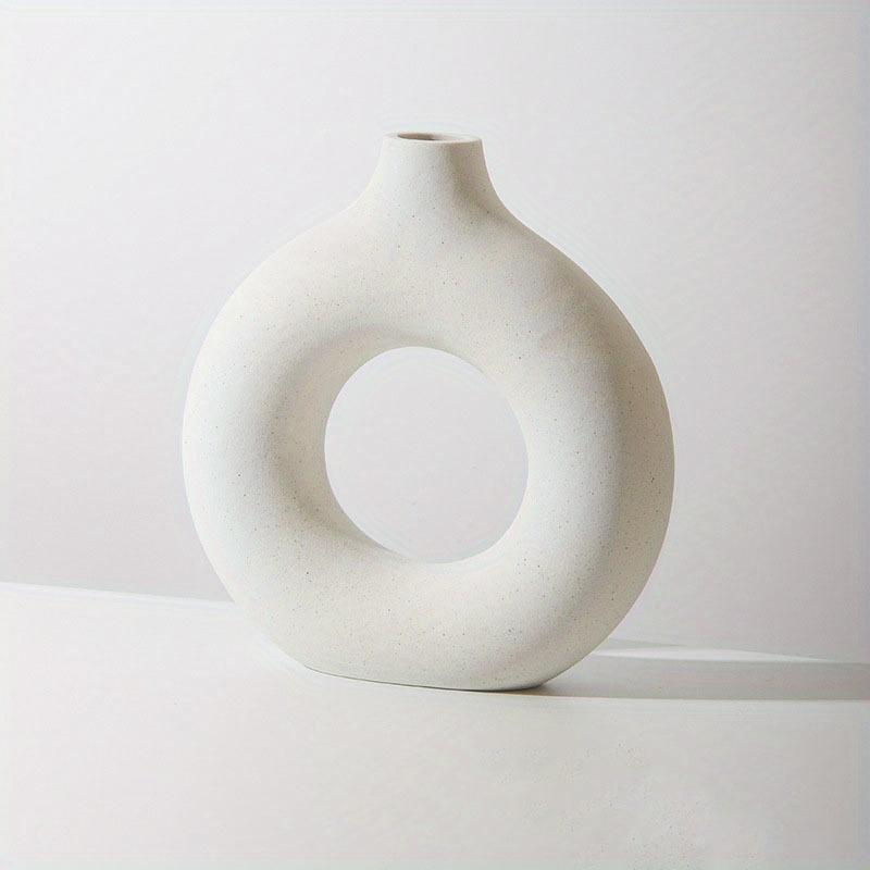 1pc, White/Beige Ceramic Vase  Vases For Decor, Modern Home Decor Vase, Boho Vases For Decor, Circle Vase, Round Vase, Donut Vas