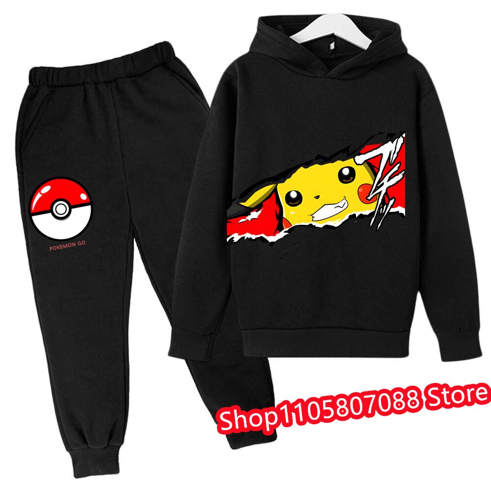 2026 Jaro Podzim 3-14 let Děti Pikachu Kreslená Mikina Set Oblečení pro Kluky Outfit pro Holky