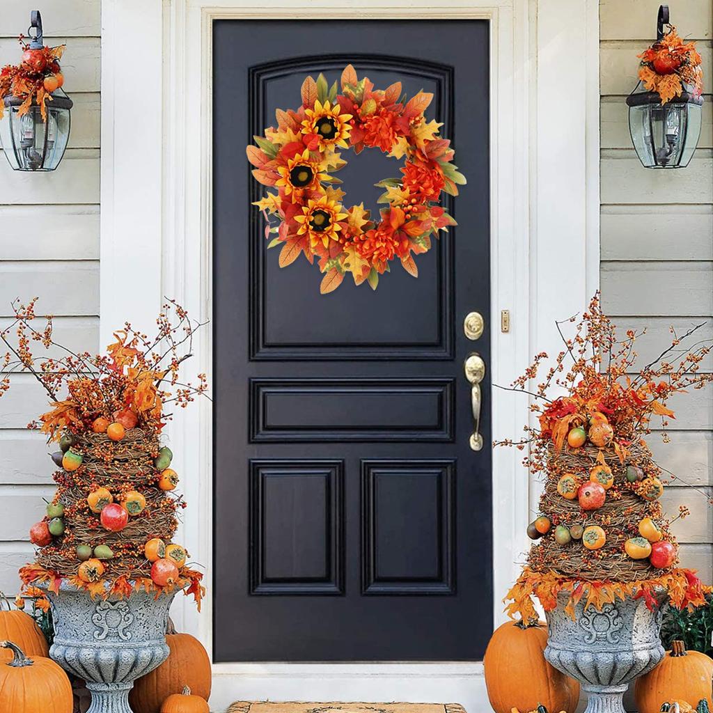 Sunflower Wreath with Autumn Leaves and Berries Artificial Wreath for Front Door Outdoor Home Decor