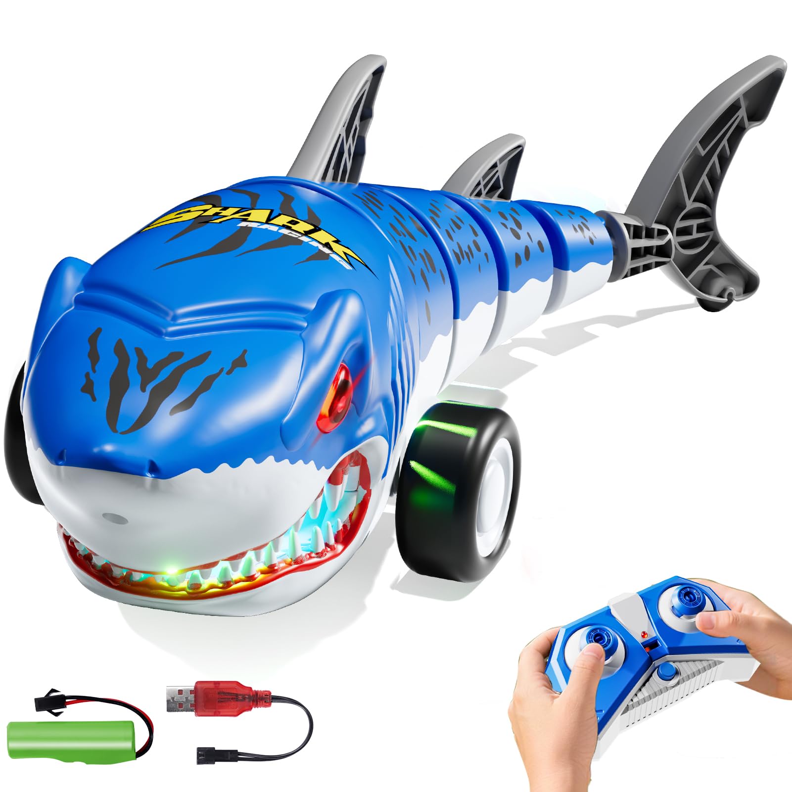 Remote Control Shark Toys Car for Kids Ages 3-5 5-7 8-10, 2.4GHz RC Cars with Lights, Outdoor Boy Toys, 360° Rotating Swinging Tail, Birthday Gifts синий
