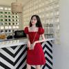 Summer Polka Dot Red Mini Dress Women Casual Puff Sleeve Short Dresses Korean Fahsion Square Collar Robes Female
