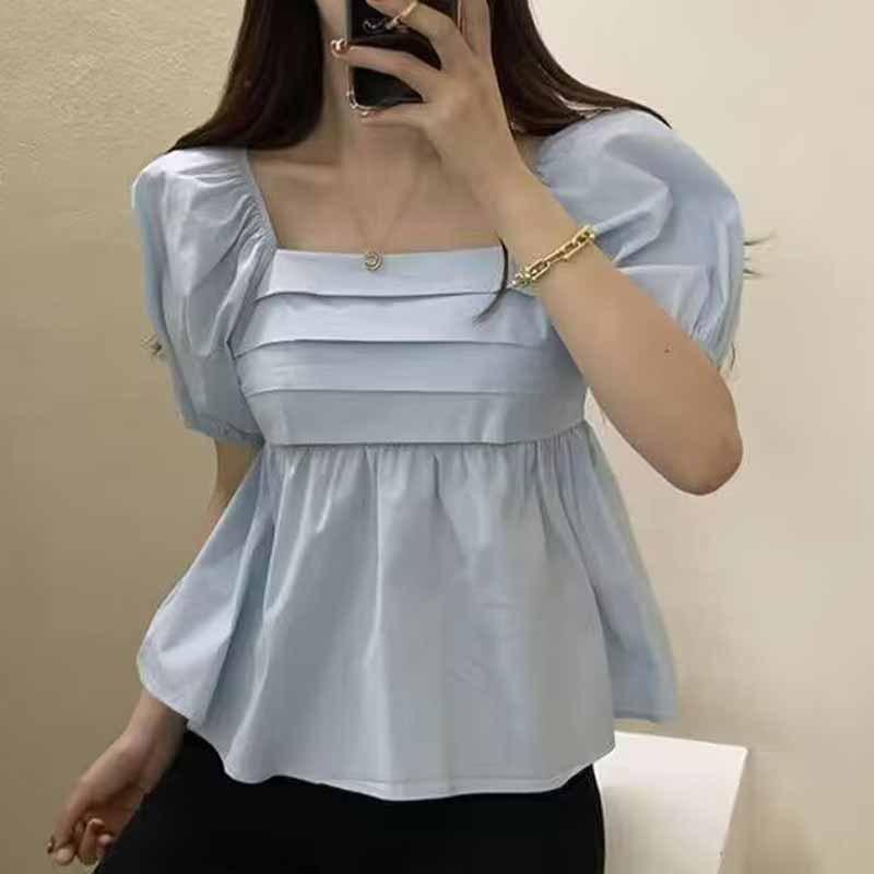 Elegant Square Neck Summer White Blouse Fashion Women New Puff Short Sleeve Shirt Ladies Sweet Tops 2026 Casual Simple Pleated Short Tops