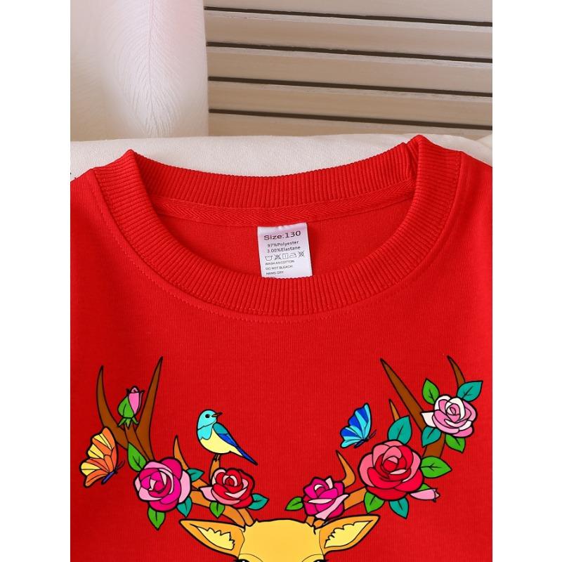 European sizes Girls Soft Crewneck Sweatshirt Deer Head with Roses And Birds Print, Casual for Fall Winter, Ideal Holiday Present.