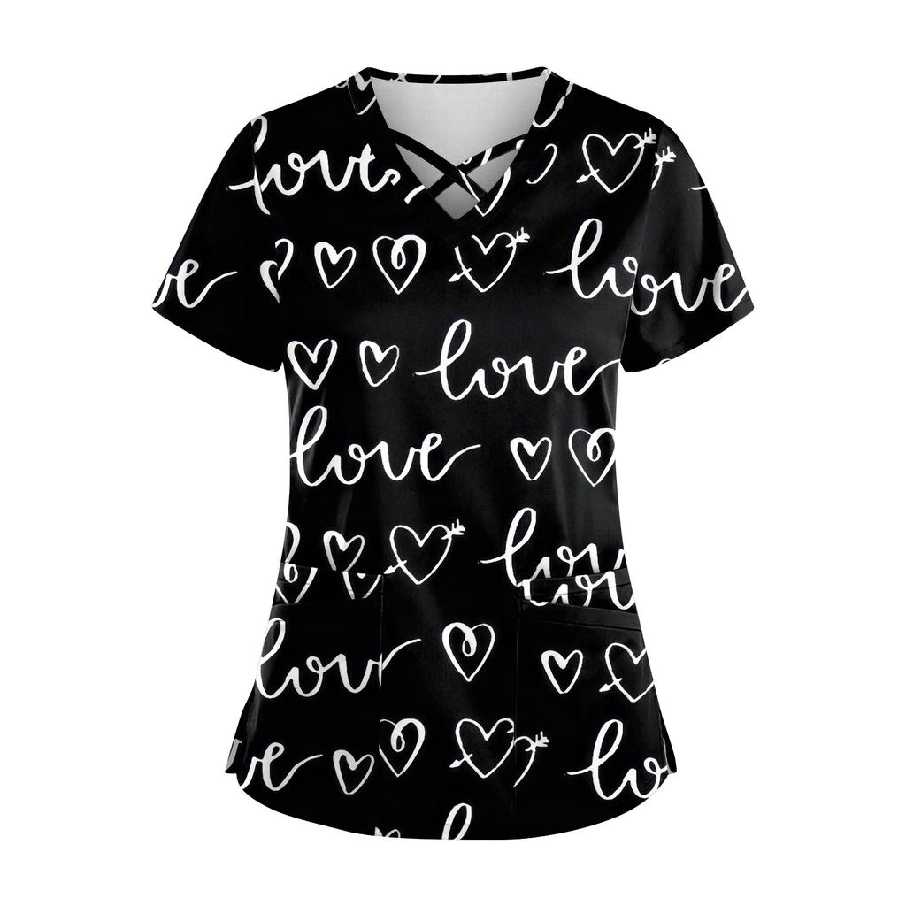 Plus SizePrinted Scrub Working Uniform Tops para mulheres Cross V-neck Halloween Print manga curta camisetas divertidas Workwear Tee com bolsos