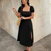 Plus-size Women's Dress with Square Neckline and Puff Sleeves, Back with Bow and Open Slit Dress
