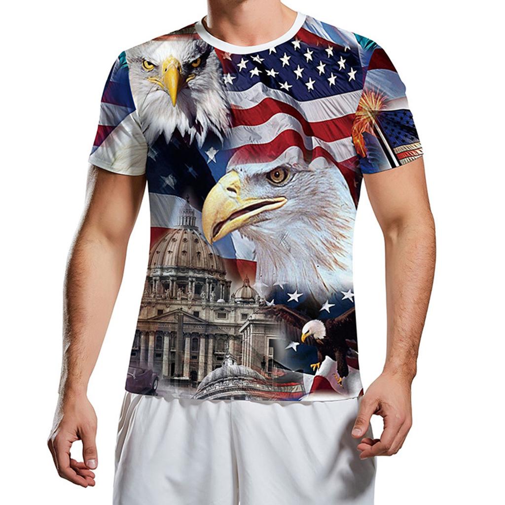 Summer Round Neck 3D American Flag and Eagle Graphic Print Top Fashionable Casual Short Sleeved Men's T-shirts