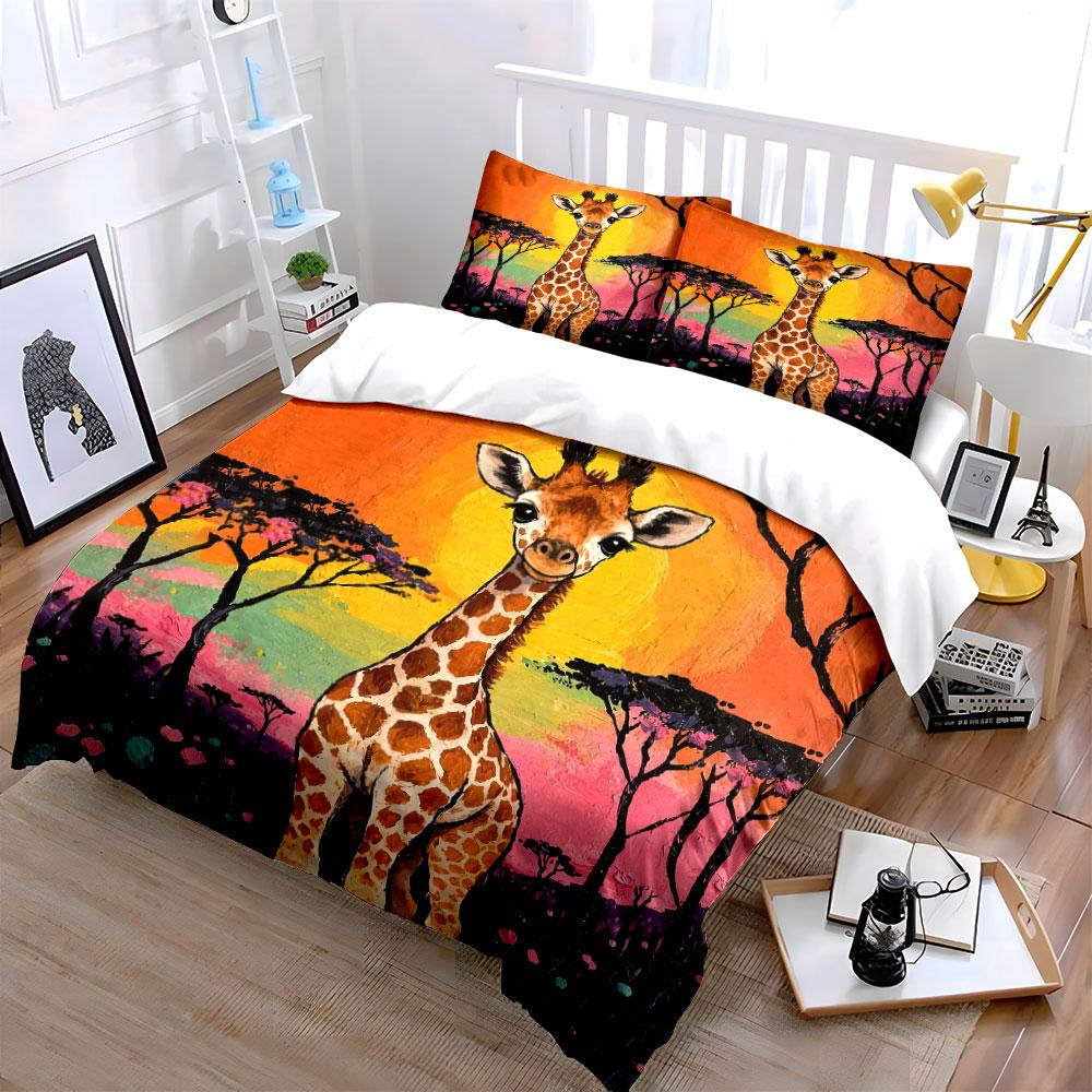 Arte Giraffa con Set Copripiumino Safari al Tramonto Copripiumino Federe (1*Copripiumino 2*Federe, senza piumino)