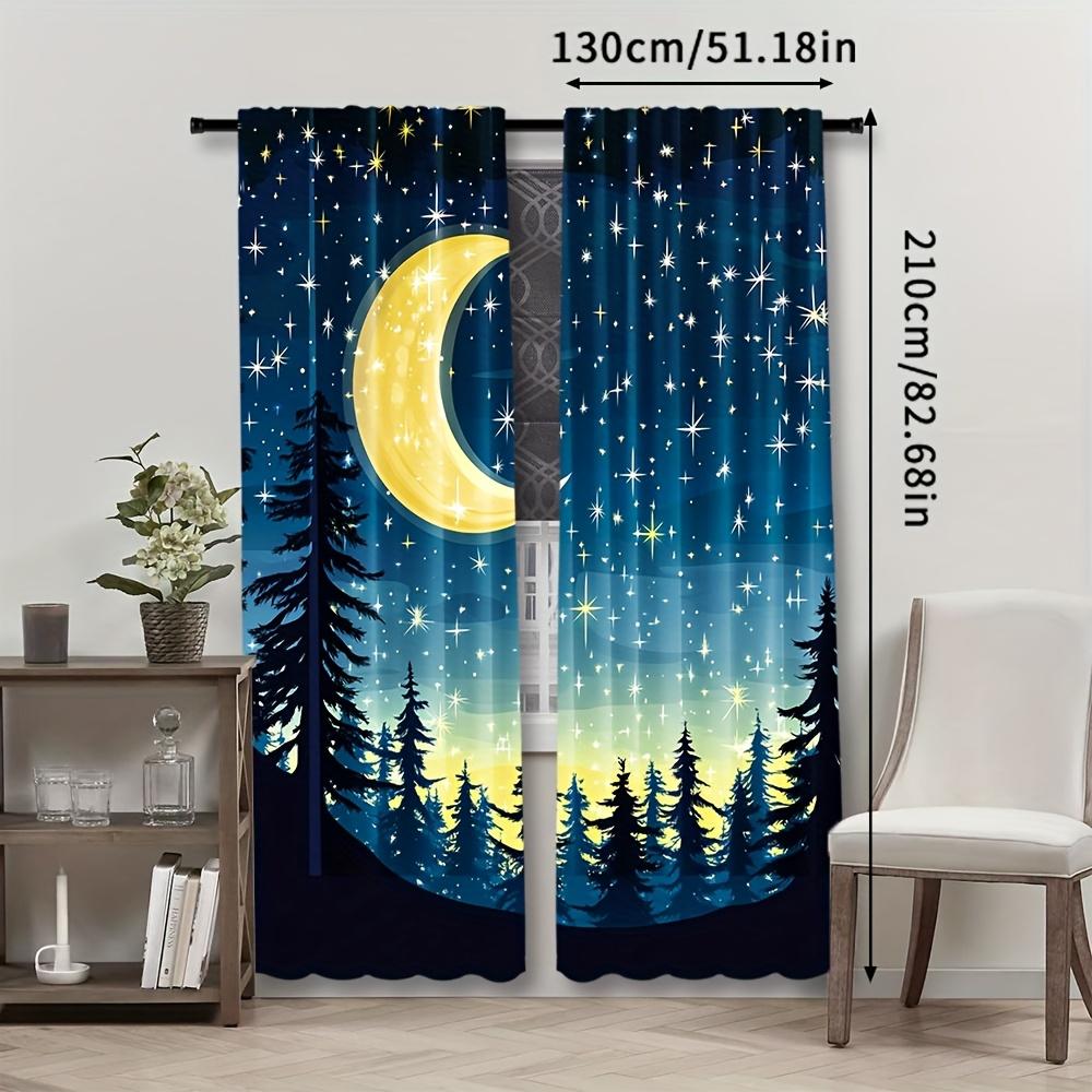 Set Of 2 Modern Semi Polyester Curtains Full Moon Starry Forest Night Sky Design Window Curtain With Rod Pocket Sheer Machine Washable