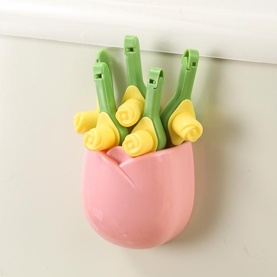 Magnetic Tulip Storage Box Refrigerator Magnets Wall-Mounted Organizer with Clip Bags No-Drilling Kitchen Rack Holder for Spices Utensils Space-Saving
