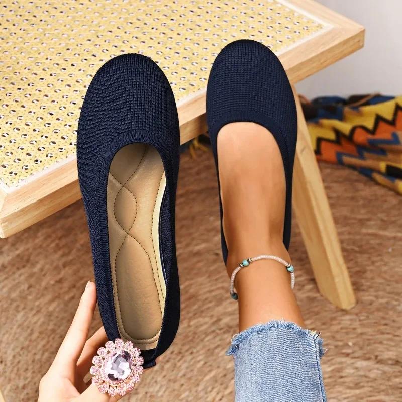 Women Flats Casual Slip On Shallow Shoes Comfortable Knit Ballet Flat Shoes Round Toe Office Boat Shoes Trend Plus Size Loafers