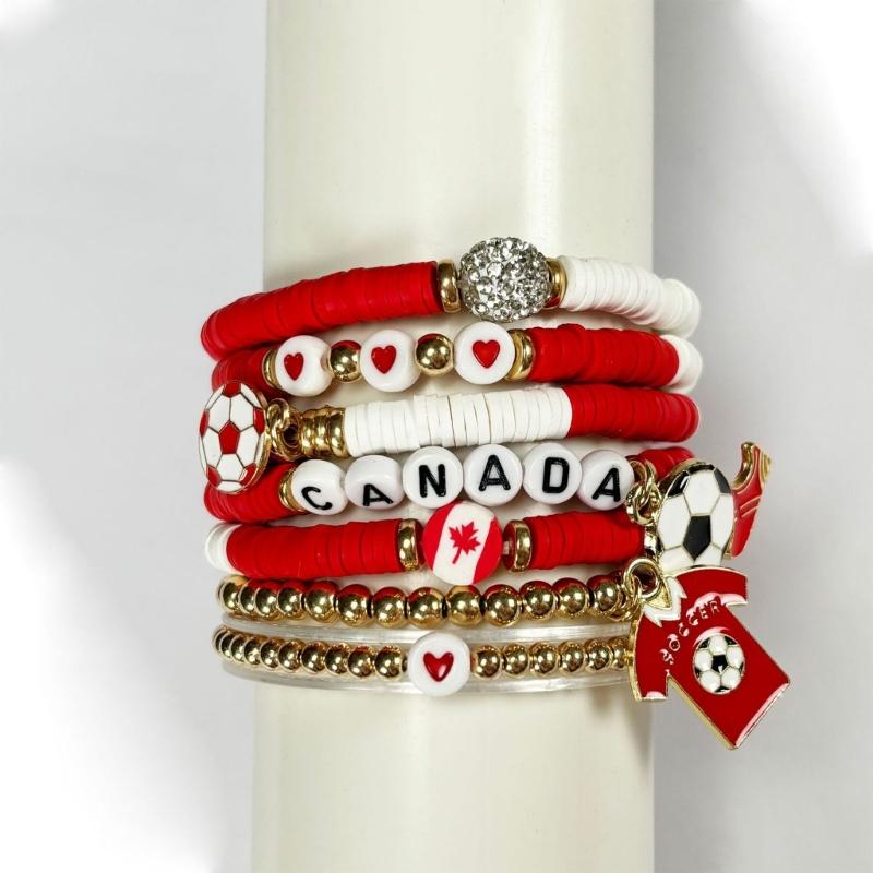 2026 Football Bracelet Set For Soccer Fan With Team Color And Football Charm Elastic Wristband