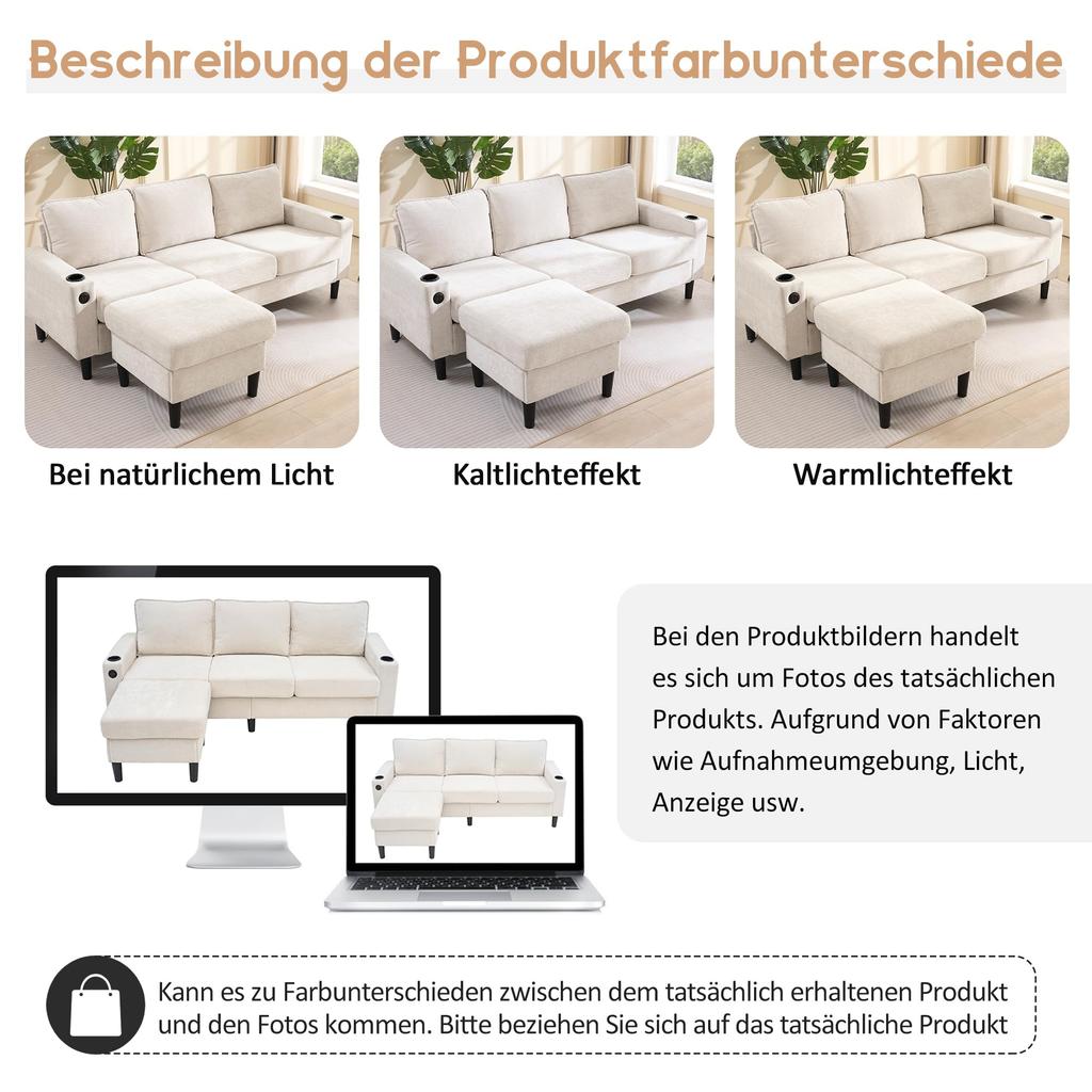 Corner Sofa 3-Seater Sofa Upholstered Sofa USB & Type-C, 2 L-shaped Sleeper Sofa, Upholstered Furniture Living Room, Apartment, Lounge Bedroom, Beige