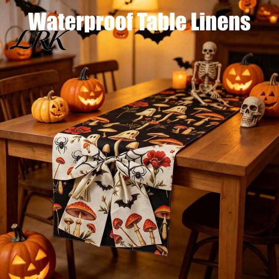 Entrance Cabinet Table Runner Halloween with Bow, Ghost Mushroom Pumpkin Skeleton Print Runner, 13 Party Supplies x 70 Inch Spooky Kitchen Dining