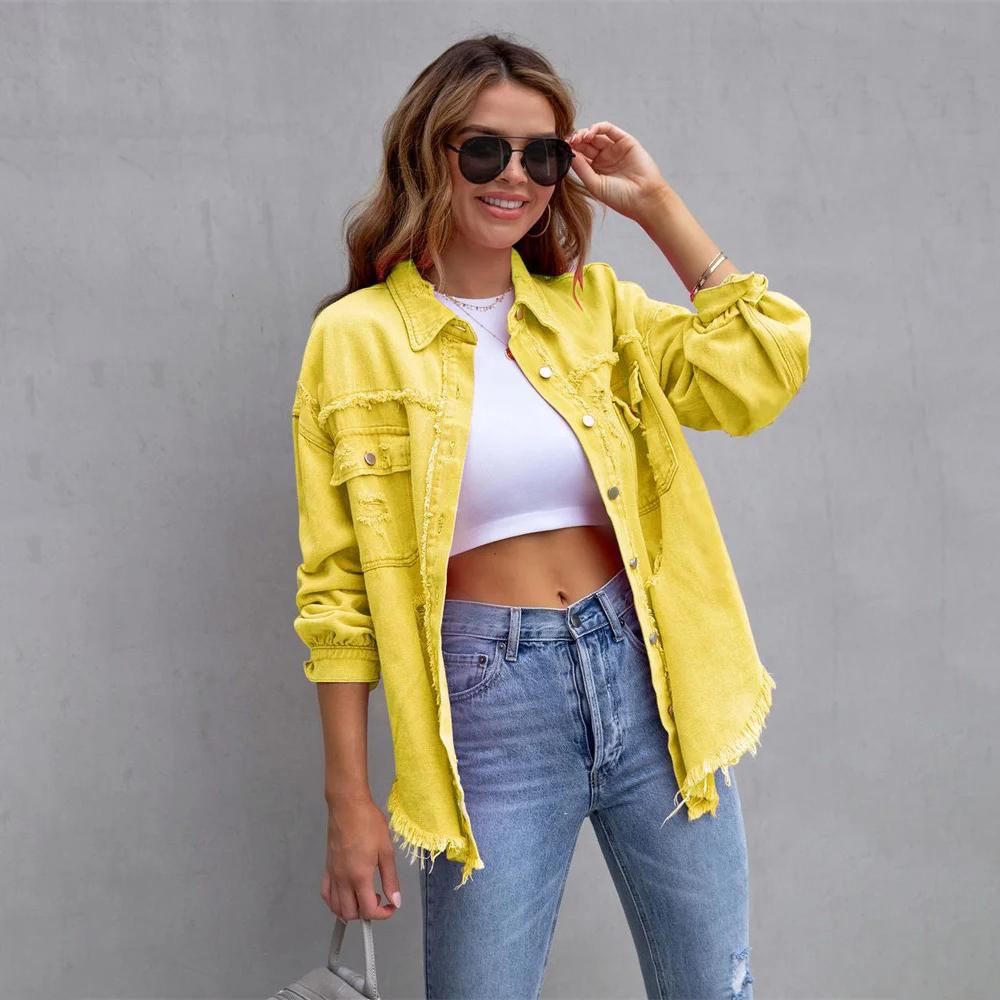 Holes Raw-edges Denim Jacket Women Spring Autumn Shirt Style Jeancoat Casual Top Outerwear Lady Coat