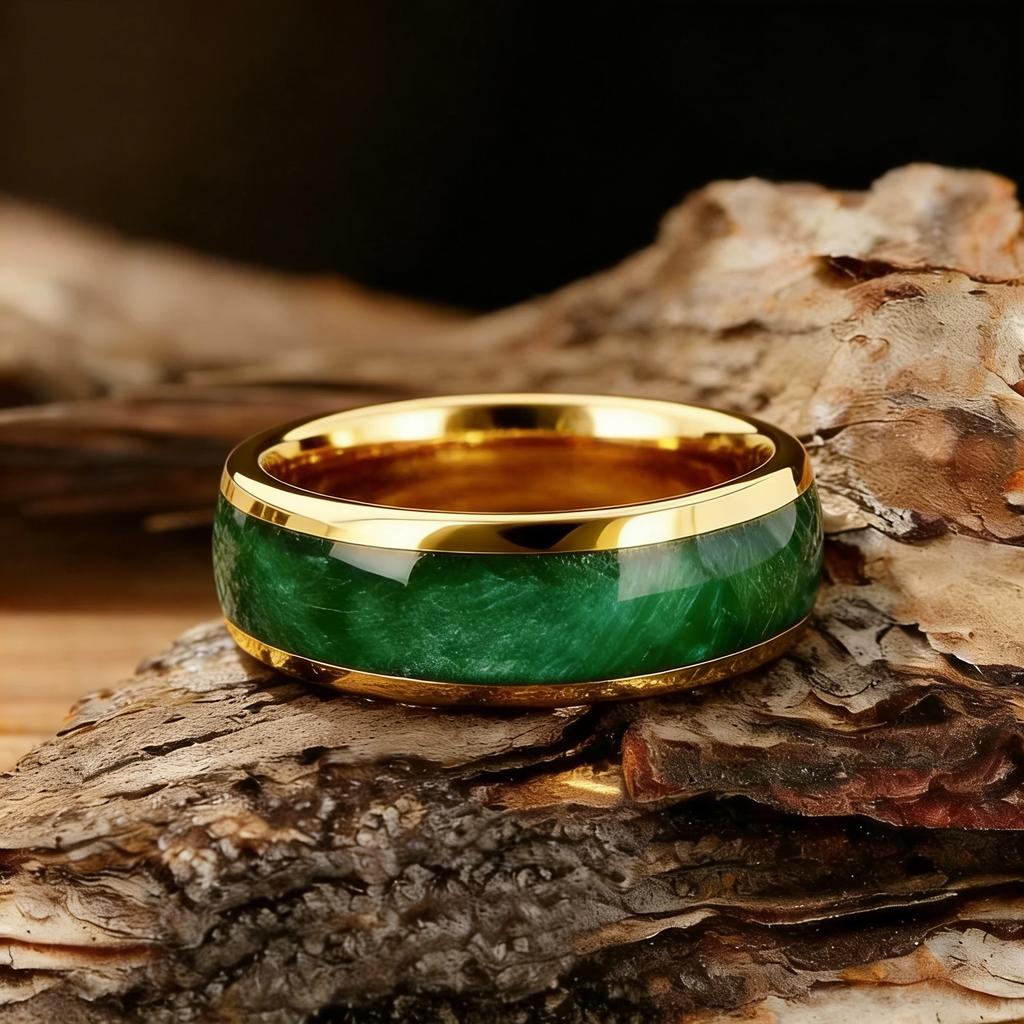 8mm Herren Edelstahlringe, Goldfarben Gebürstet Grün Koa Holz Inlay Ringe für Männer, Hochzeits Schmuck Weihnachten Geschenk