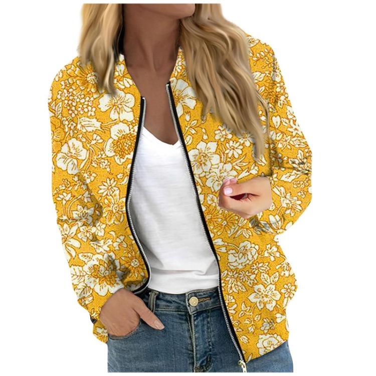 Fashionable Women Long Sleeve Casual Jacket Floral Leaf Print Round Neck Zipper