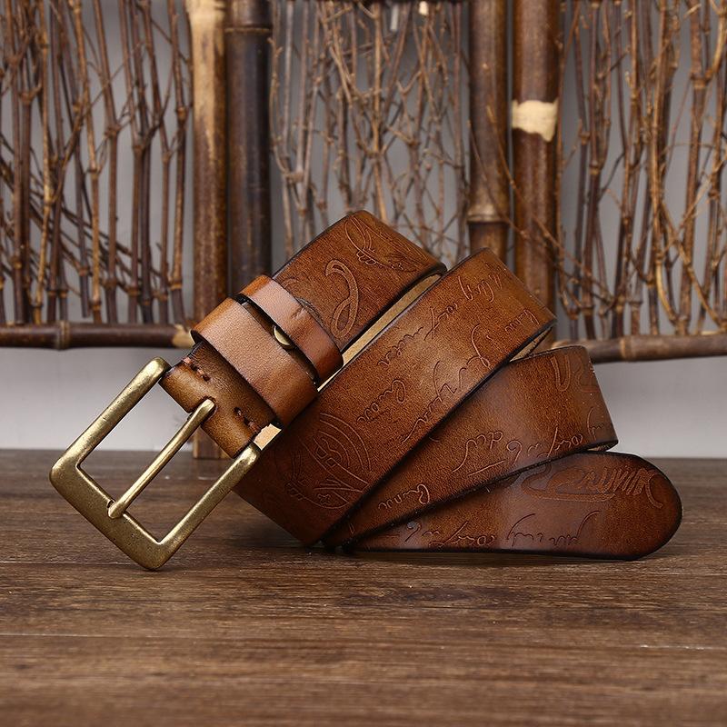 

Кожаный ремень мужской ретро ручной работы с лазерной гравировкой узора индивидуальность модный универсальный ремень из натуральной кожи крупного рогатого скота 130cm