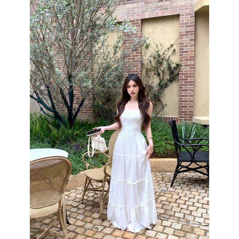 Kumikumi French Style Gentle Wind Lace Stitching Sling Dress Women Summer Waist Hugging Slimming A- Line Skirt Long Dress