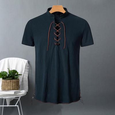 Men Band Collar Short Sleeve Shirt Casual Beach Solid Color Top Tee with Straps Summer Shirts for Daily Vacation Work
