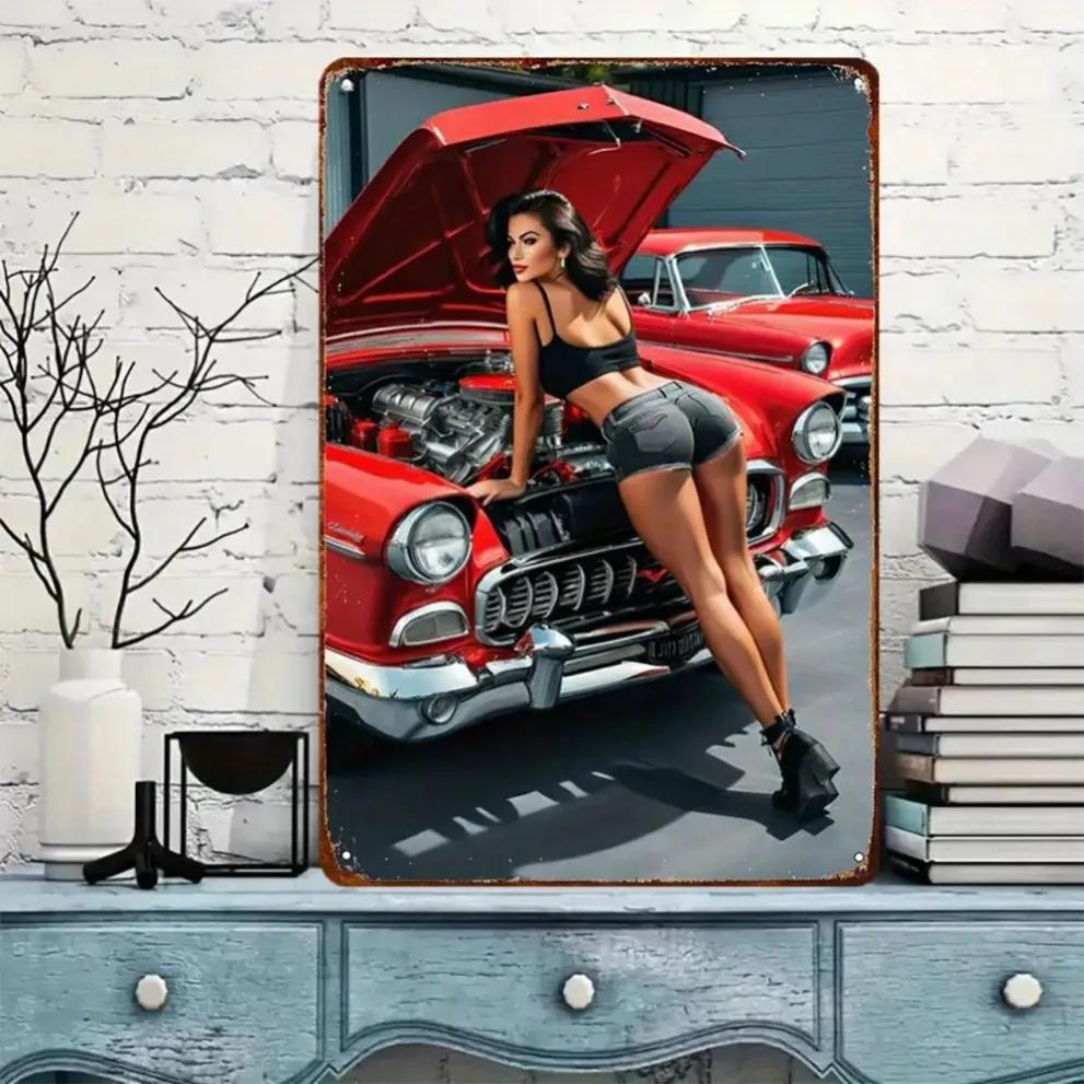 Vintage Metal Wall Art Nude Lady & Red Car - 8x12 Inch Garage Decor for Car Lovers, Durable Iron Sign for Man Cave/Studio/Study