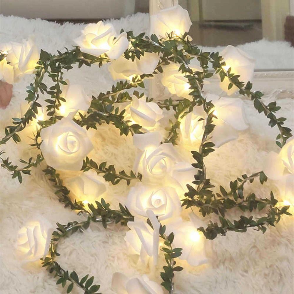 Warm Light LED String Lights Colored Lights Rose Flower Design Fairy Lights Simulation Green Leaves Artificial Vine Garland
