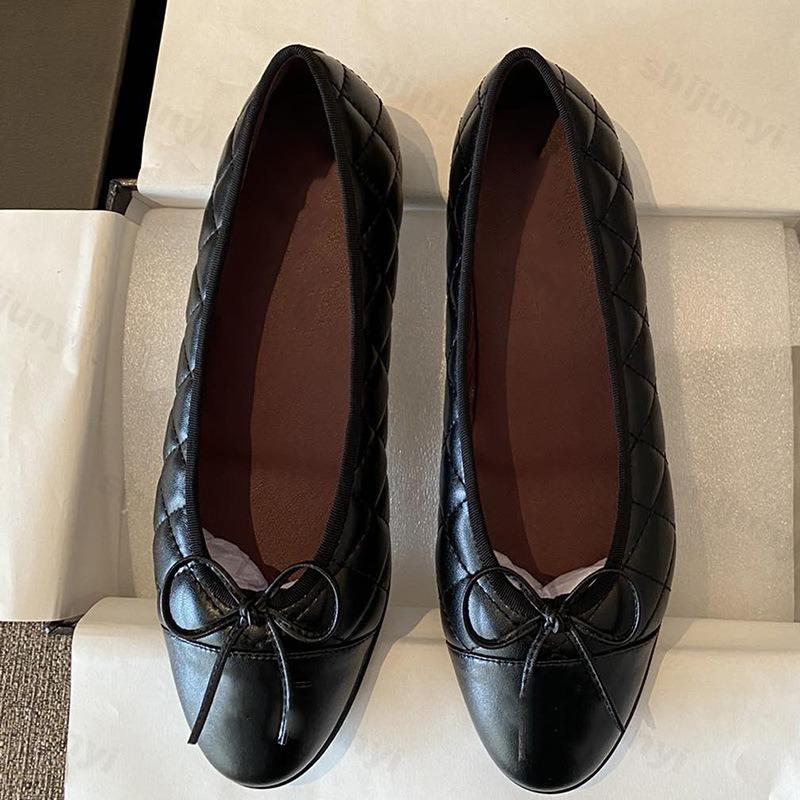 Women's Ballet Flat Shoes 2026 Spring New Round Toe French Elegance High-quality Leather Shoes Bow Comfortable Casual Shoes