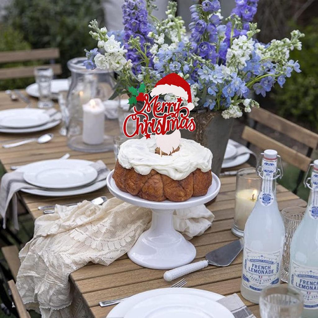 1 Stück Frohe Weihnachten Cake Topper Glitzer Stechpalmenblätter und Beeren Weihnachtsmannmütze Bart Pick für Weihnachts-Thema Kuchen Dekorationen