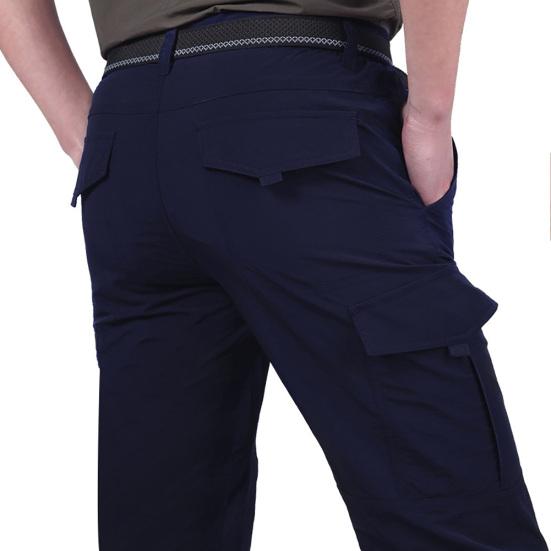 Men Solid Color Quick Dry Thin Multi-pocket Long Cargo Pants Outdoor Trousers