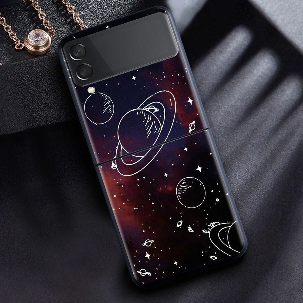 Case For Samsung Galaxy Z Flip 3 4 5G Black Hard PC Phone Housing Z Flip4 Luxury Segmented Cover Cosmic Planet