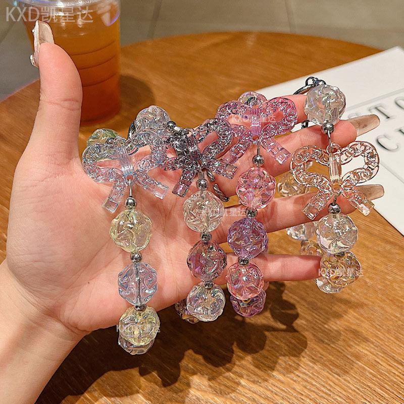 Crystal Transparent Bowknot Beaded Exquisite Flower Short Wrist Pendant Phone Case Earphone Bag Accessories Keychain