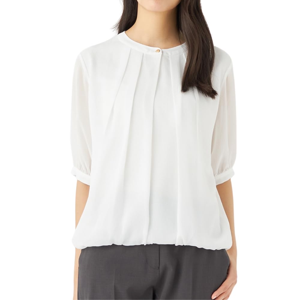 

выбираемый креп [ORIHICA] Блузка с коротким рукавом, трикотаж, шифон, непрозрачный, стирающийся, антибактериальный, дезодорирующий, дизайн, офис, женский,