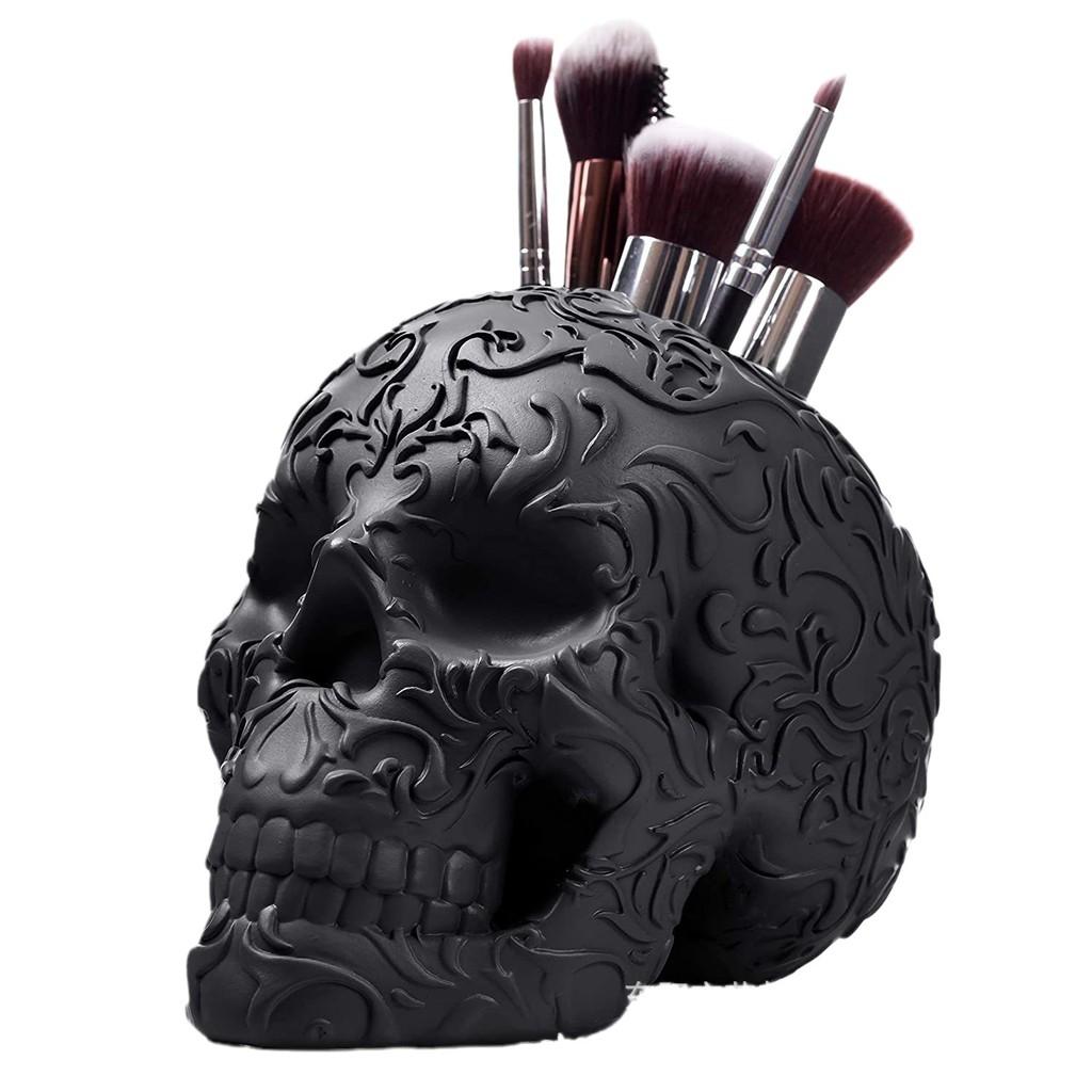 Unique Black Skull Makeup Brush Holder Decorative Resin Craft For Halloween Home Dcor