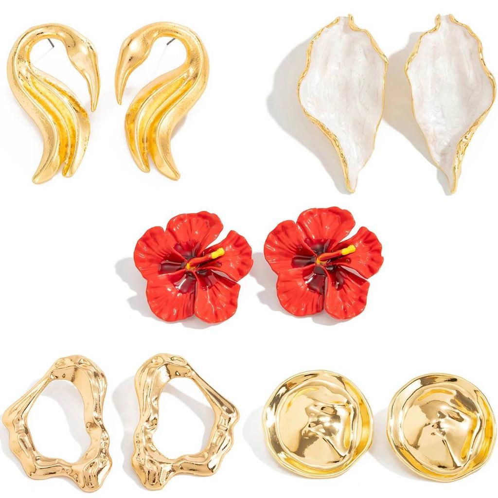 SHIXIN 5 Styles Elegant Swan Leaf Flower Stud Earrings for Women Vintage Irregular Geometry Earrings Bohemia Jewelry Accessories