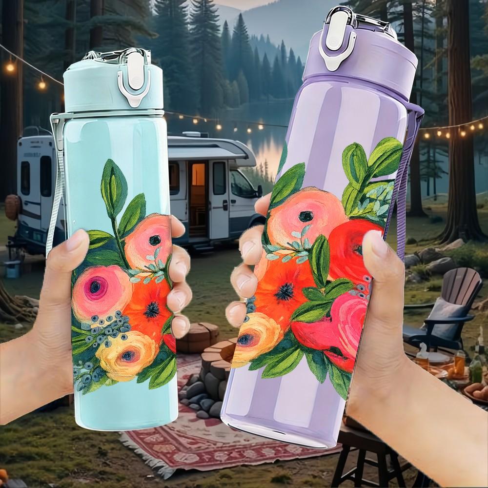 1PC Red Poppy Green Leaf Floral Print 750ml Color Plastic Sports Water Bottle Leakproof Flip Straw Lid Suitable for Sports Office Home Use