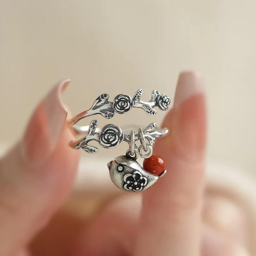 Retro Temperament Double-layer Rose Flower Vine Little Bird Bell Opening Ring for Women Exquisite Stainless Steel Finger Jewelry