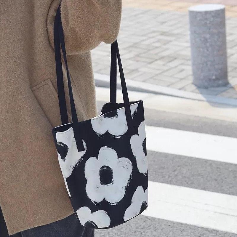 Floral Pattern Canvas Bucket Bag Women'S Shoulder Bag Casual Large Capacity Handbag